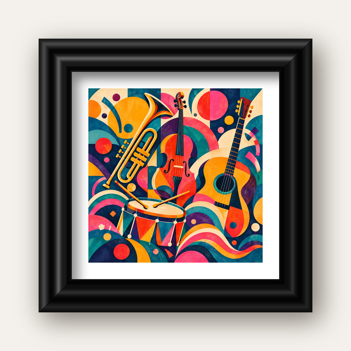 Renkli Müzik Aletleri Dijital Soyut Poster (Hazır Tasarım) — siyah galeri çerçeveli paspartulu