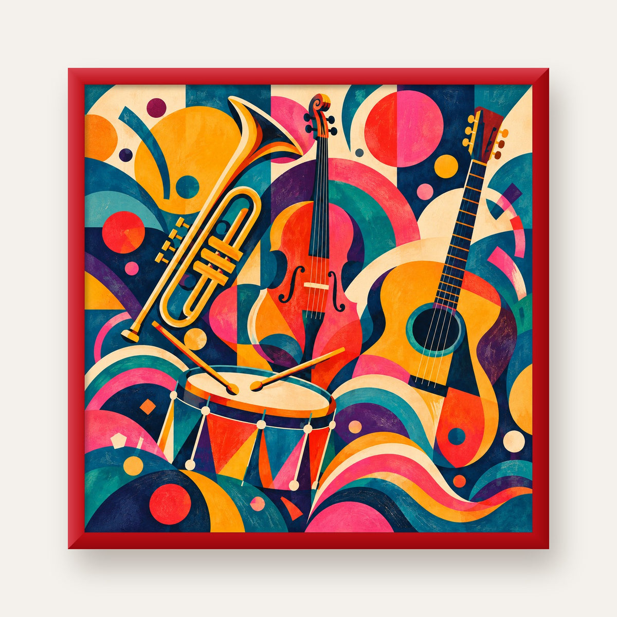 Renkli Müzik Aletleri Dijital Soyut Poster (Hazır Tasarım) — kırmızı çerçeveli