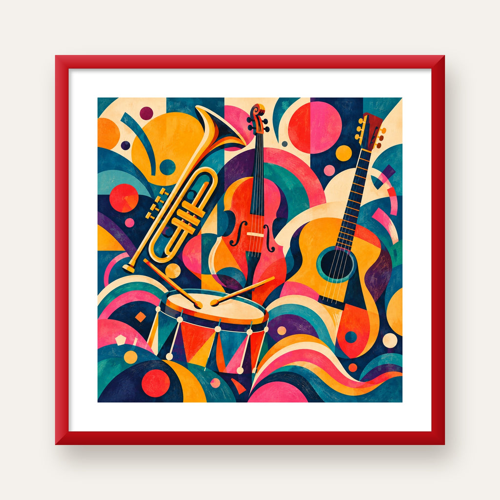 Renkli Müzik Aletleri Dijital Soyut Poster (Hazır Tasarım) — kırmızı çerçeveli paspartulu