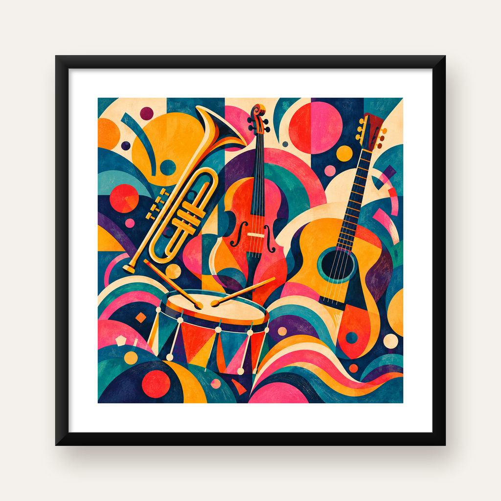 Renkli Müzik Aletleri Dijital Soyut Poster (Hazır Tasarım) — Kare baskı, beyaz paspartulu