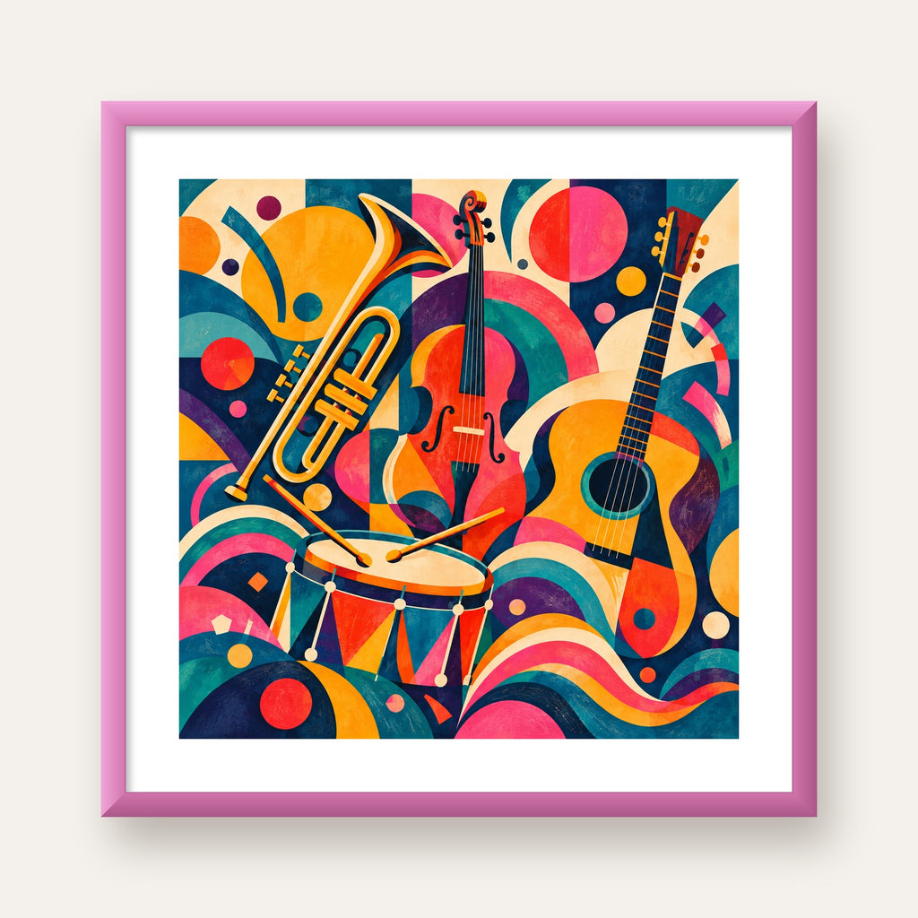 Renkli Müzik Aletleri Dijital Soyut Poster (Hazır Tasarım) — pembe çerçeveli paspartulu