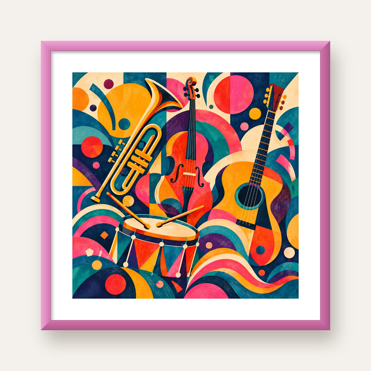 Renkli Müzik Aletleri Dijital Soyut Poster (Hazır Tasarım) — pembe çerçeveli paspartulu