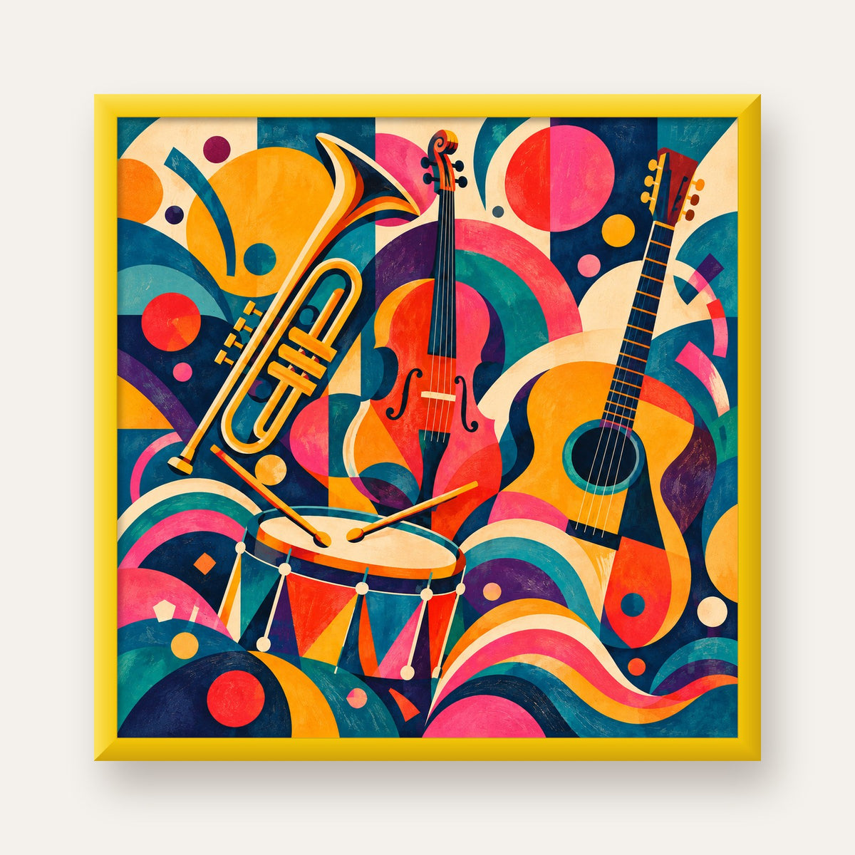 Renkli Müzik Aletleri Dijital Soyut Poster (Hazır Tasarım) — sarı çerçeveli