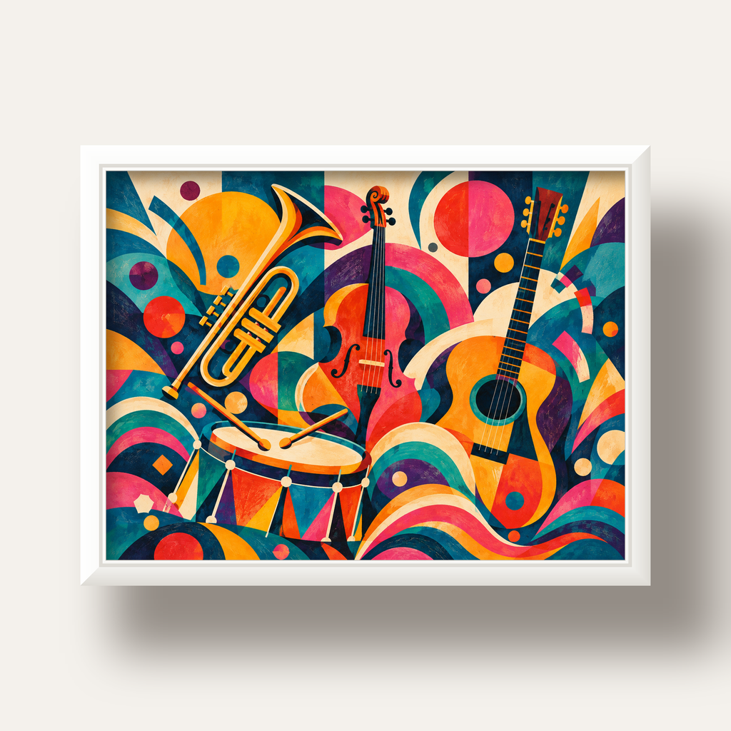 Renkli Müzik Aletleri Dijital Soyut Poster (Hazır Tasarım) — beyaz derin çerçeveli