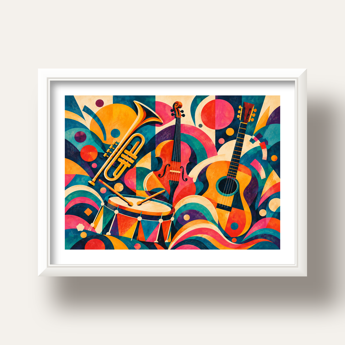 Renkli Müzik Aletleri Dijital Soyut Poster (Hazır Tasarım) — beyaz derin çerçeveli paspartulu