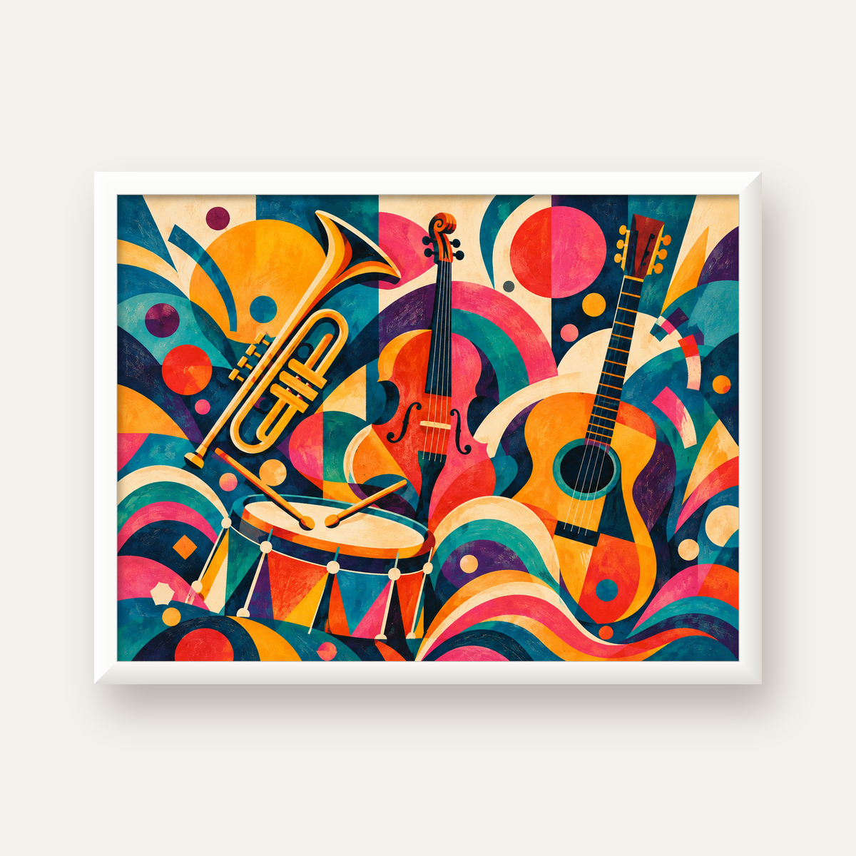 Renkli Müzik Aletleri Dijital Soyut Poster (Hazır Tasarım) — beyaz çerçeveli yatay poster