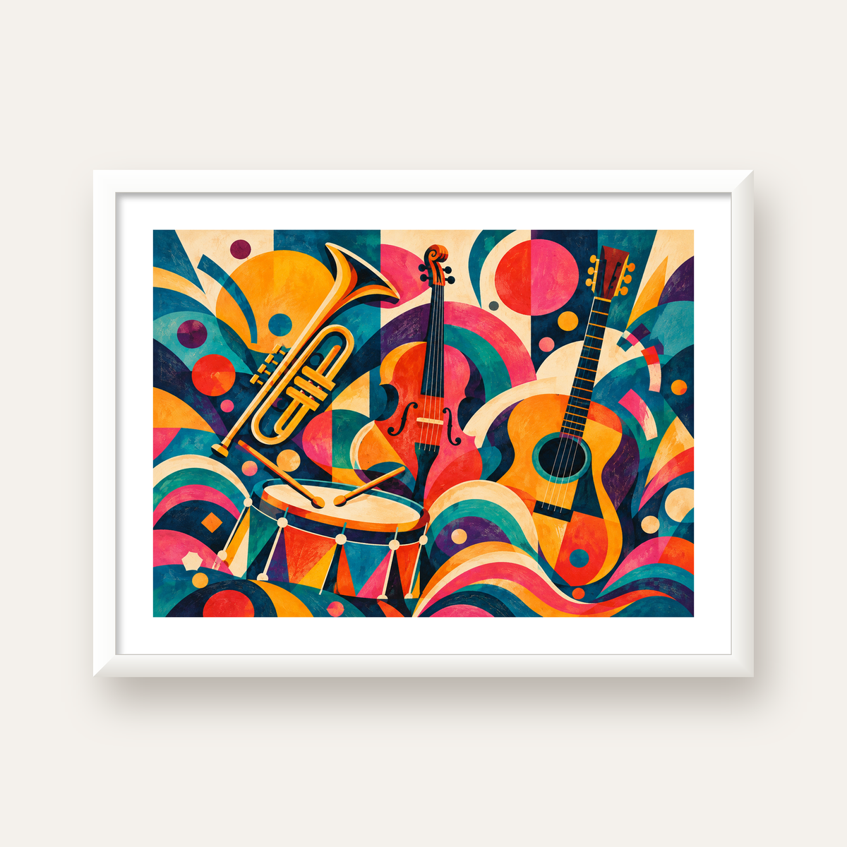 Renkli Müzik Aletleri Dijital Soyut Poster (Hazır Tasarım) — beyaz çerçeveli yatay poster