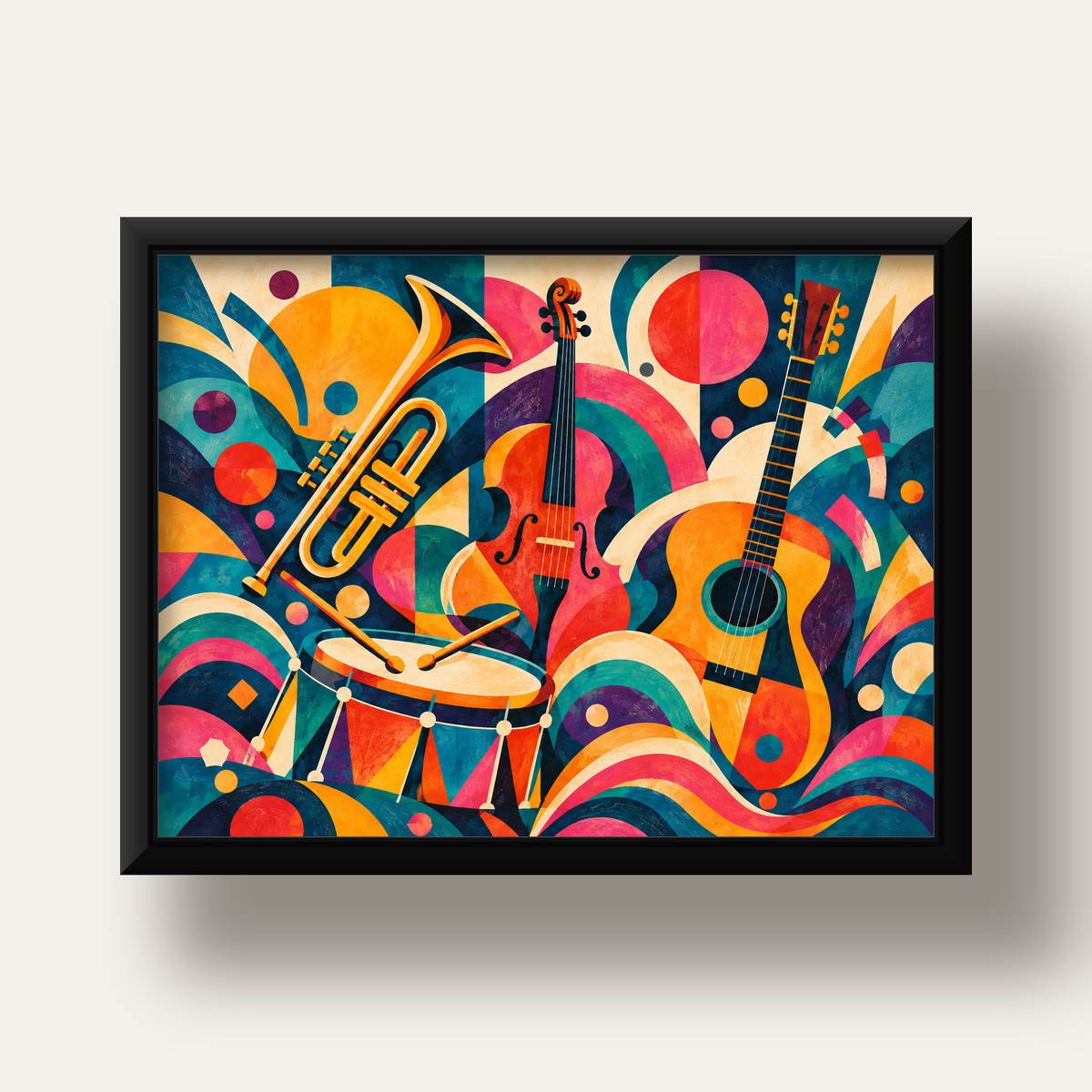 Renkli Müzik Aletleri Dijital Soyut Poster (Hazır Tasarım) — siyah derin çerçeveli
