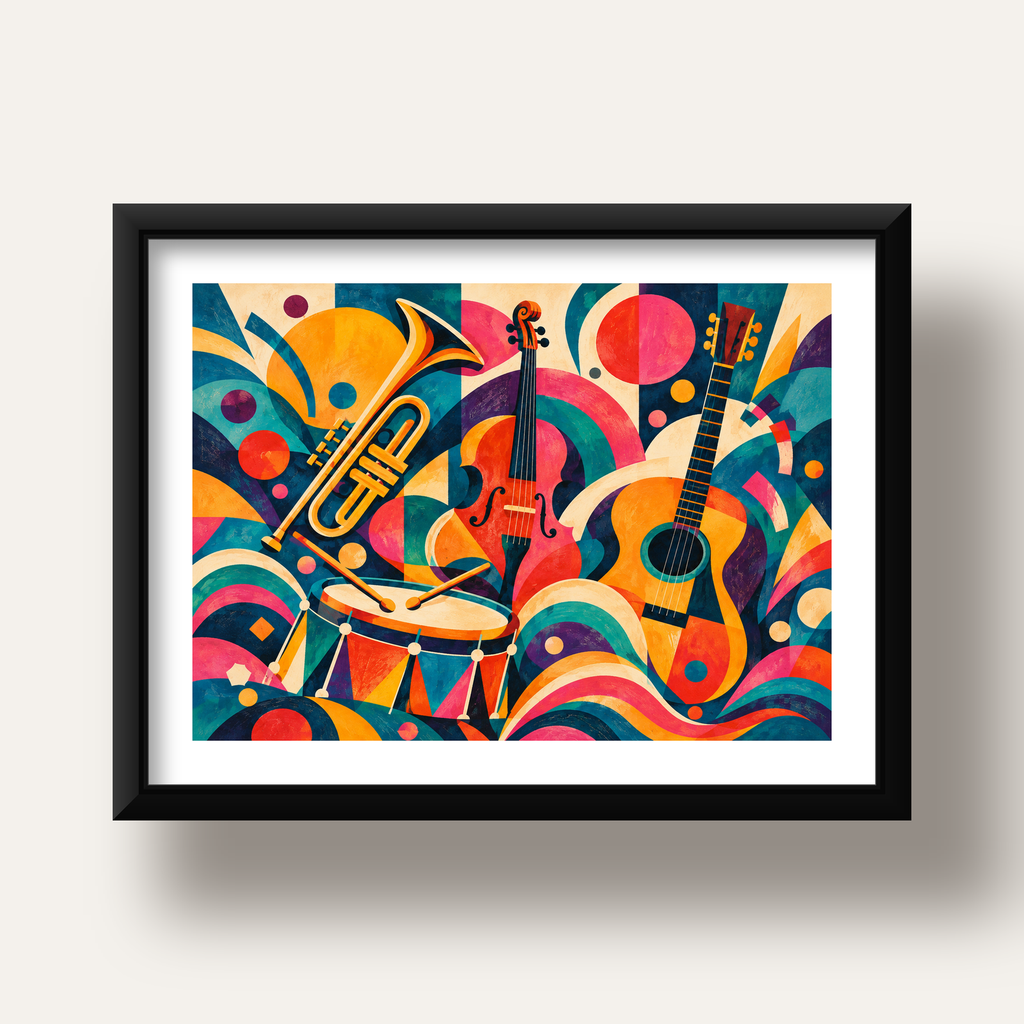 Renkli Müzik Aletleri Dijital Soyut Poster (Hazır Tasarım) — siyah derin çerçeveli paspartulu