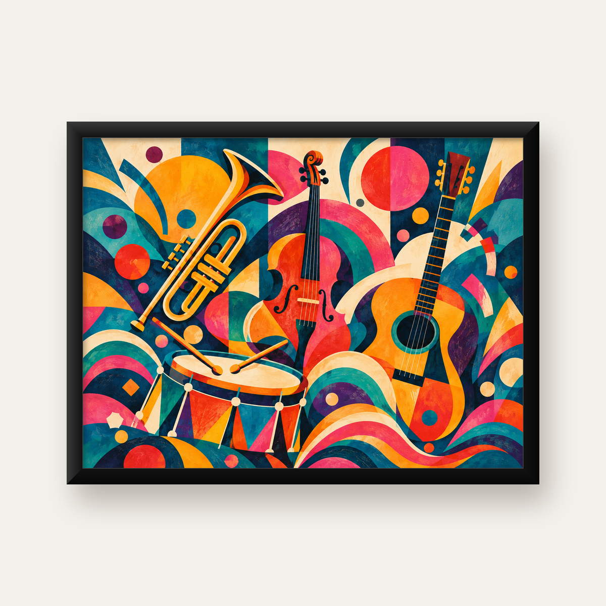 Renkli Müzik Aletleri Dijital Soyut Poster (Hazır Tasarım) — Yatay baskı, düz siyah çerçeveli duvar posteri