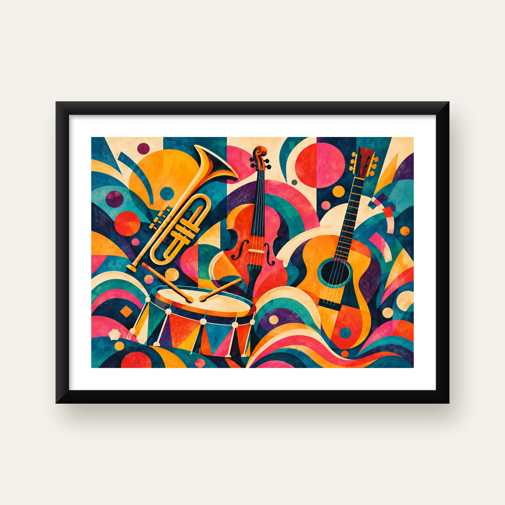 Renkli Müzik Aletleri Dijital Soyut Poster (Hazır Tasarım) — Yatay baskı, beyaz paspartulu