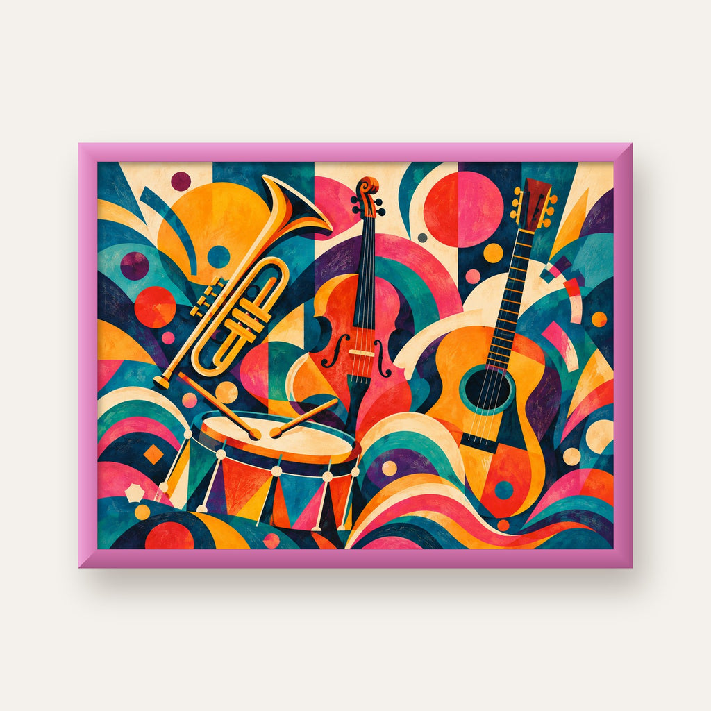 Renkli Müzik Aletleri Dijital Soyut Poster (Hazır Tasarım) — pembe çerçeveli