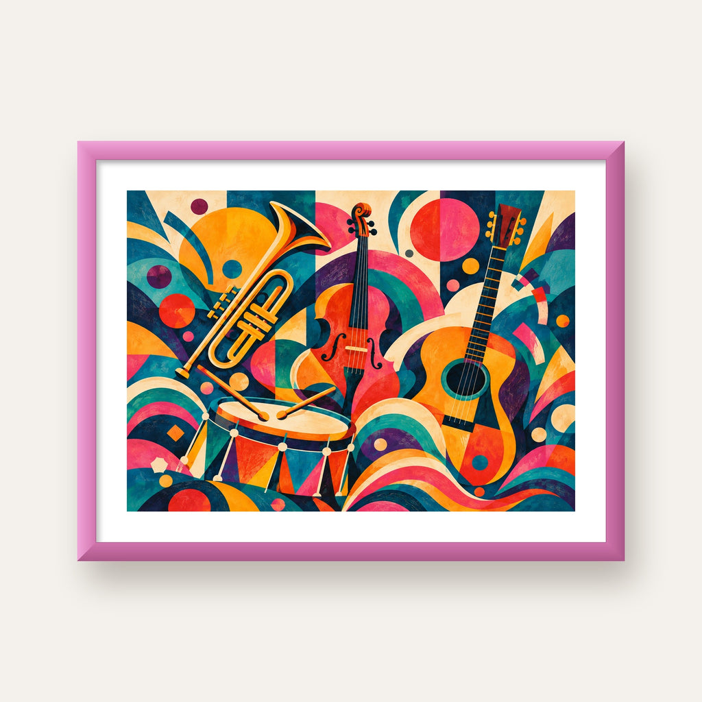 Renkli Müzik Aletleri Dijital Soyut Poster (Hazır Tasarım) — pembe çerçeveli paspartulu