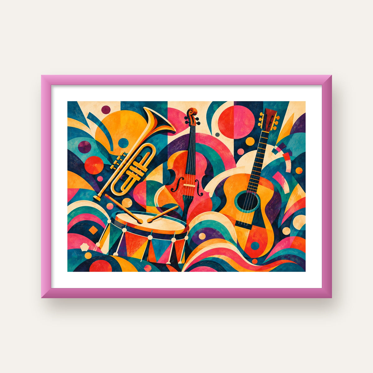 Renkli Müzik Aletleri Dijital Soyut Poster (Hazır Tasarım) — pembe çerçeveli paspartulu