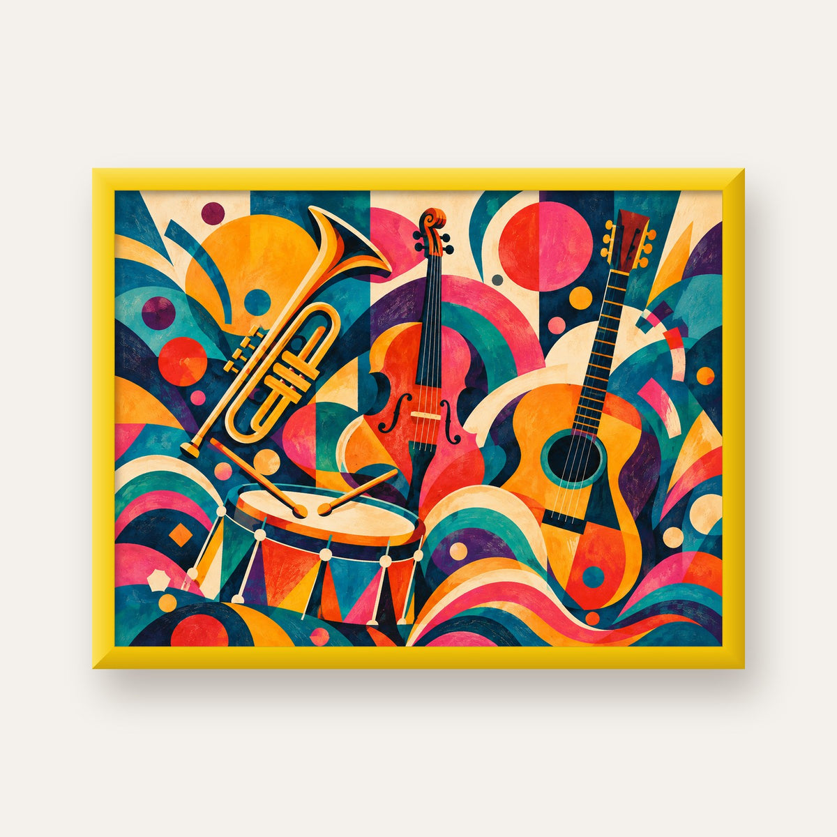 Renkli Müzik Aletleri Dijital Soyut Poster (Hazır Tasarım) — sarı çerçeveli