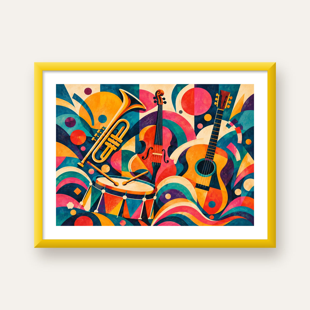 Renkli Müzik Aletleri Dijital Soyut Poster (Hazır Tasarım) — sarı çerçeveli paspartulu