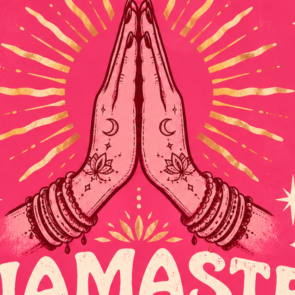 Mizahi Yoga Poster: Namaste, Bitches – Renkli Modern Tasarım — baskının yakın çekimi, kâğıt dokusu ve renk detayı