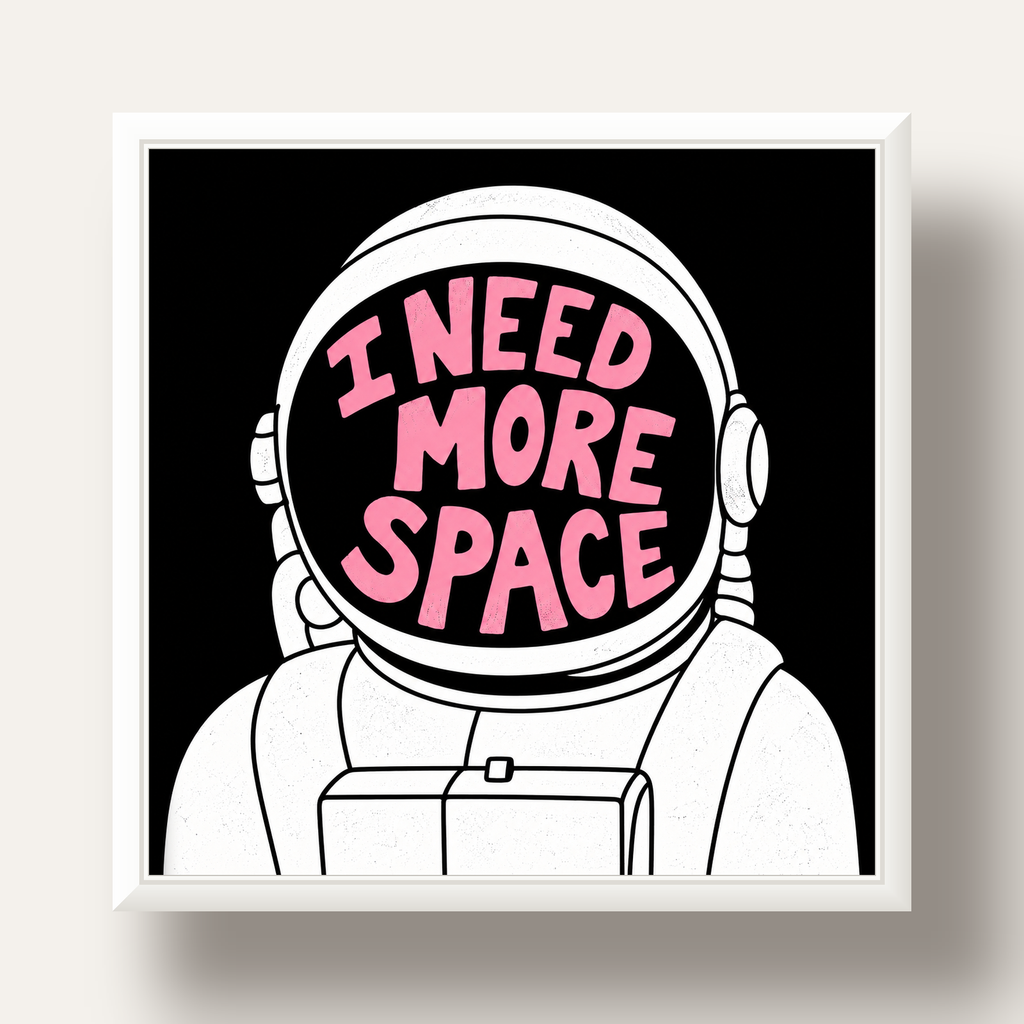 I NEED MORE SPACE Astronot Mizahi Tipografi Poster — beyaz derin çerçeveli