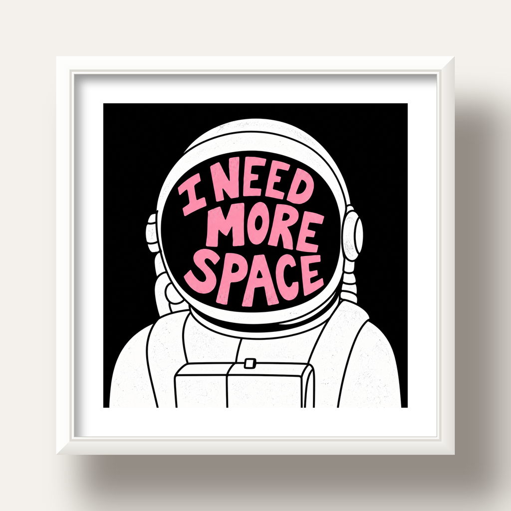 I NEED MORE SPACE Astronot Mizahi Tipografi Poster — beyaz derin çerçeveli paspartulu
