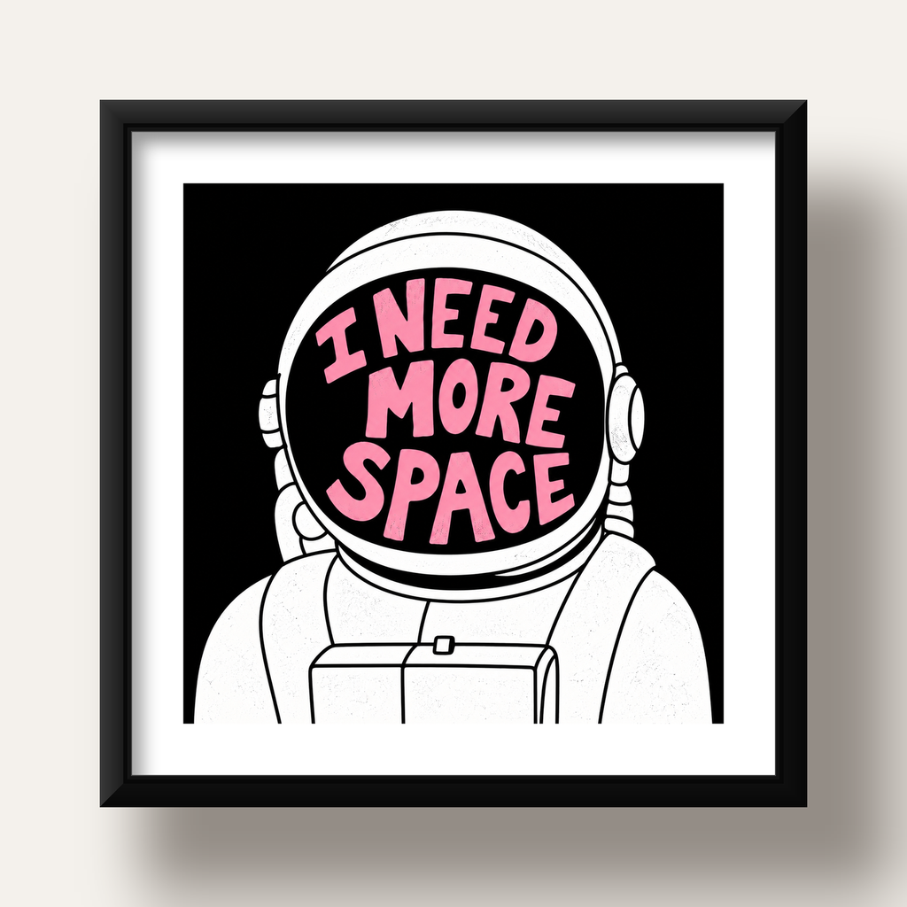 I NEED MORE SPACE Astronot Mizahi Tipografi Poster — siyah derin çerçeveli paspartulu