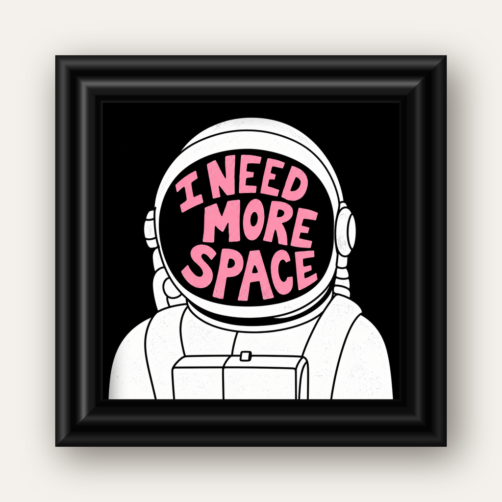 I NEED MORE SPACE Astronot Mizahi Tipografi Poster — siyah galeri çerçeveli