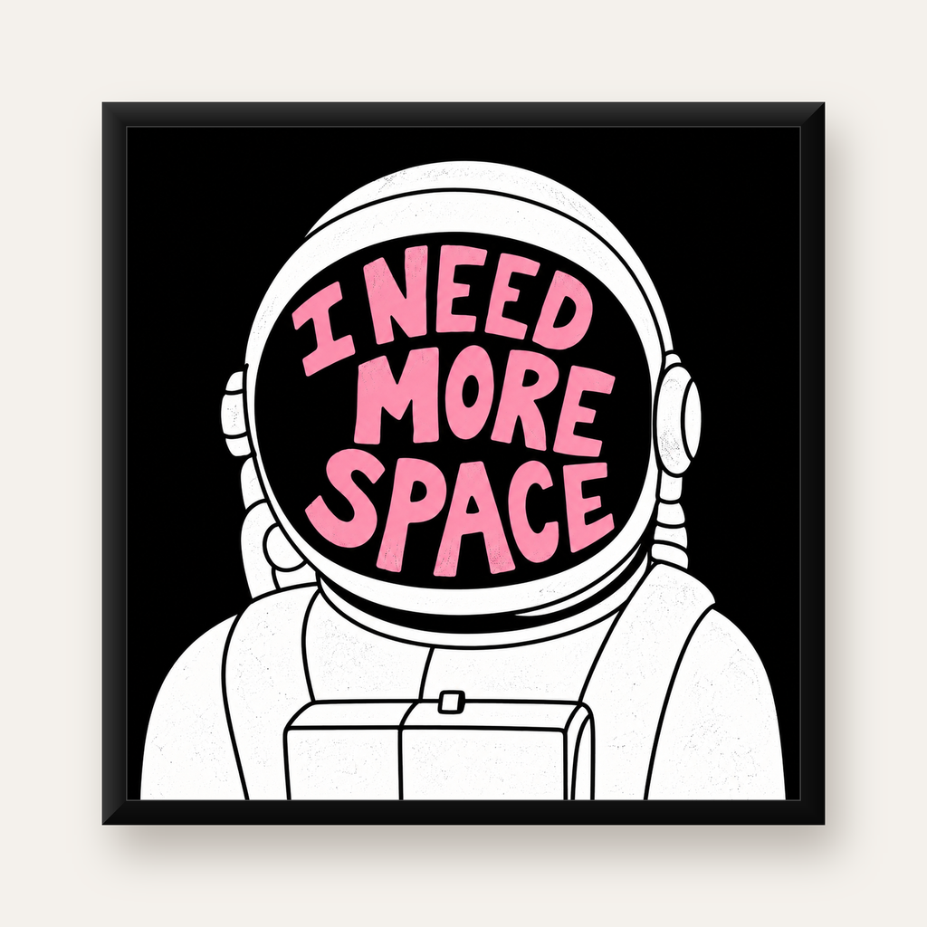 I NEED MORE SPACE Astronot Mizahi Tipografi Poster — Kare baskı, düz siyah çerçeveli duvar posteri