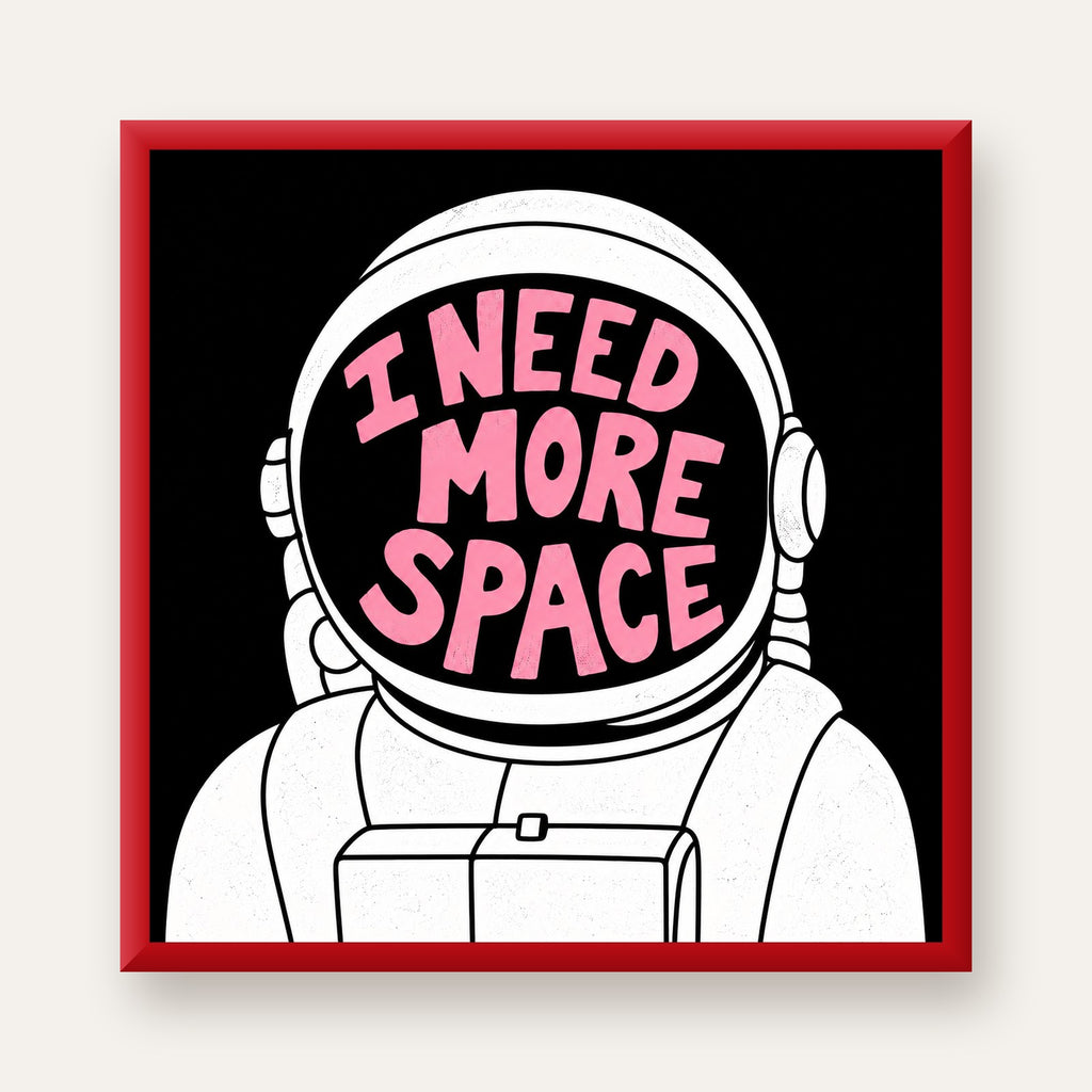 I NEED MORE SPACE Astronot Mizahi Tipografi Poster — kırmızı çerçeveli