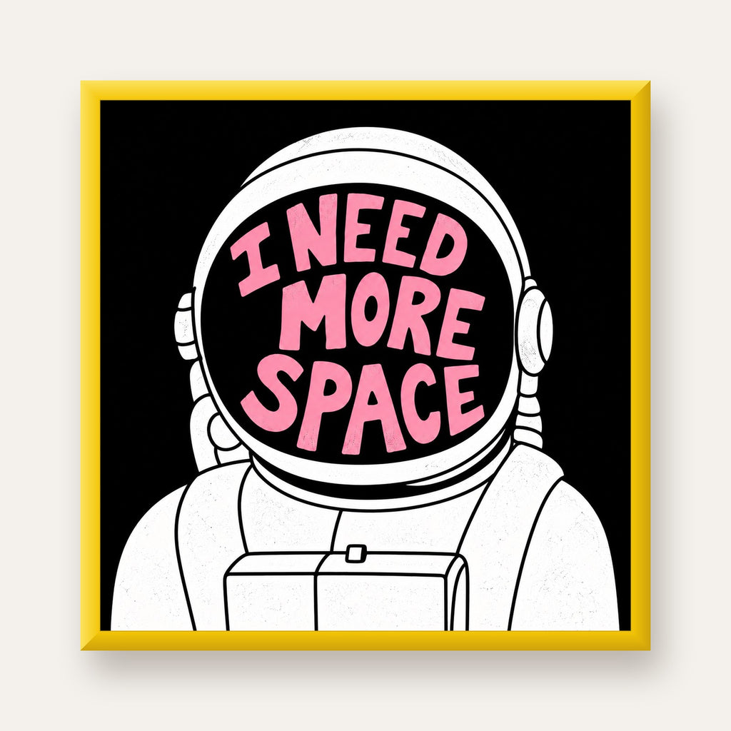 I NEED MORE SPACE Astronot Mizahi Tipografi Poster — sarı çerçeveli