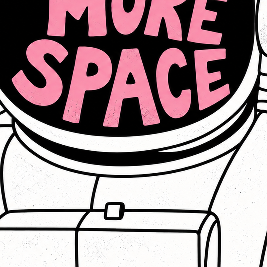 I NEED MORE SPACE Astronot Mizahi Tipografi Poster — baskının yakın çekimi, kâğıt dokusu ve renk detayı