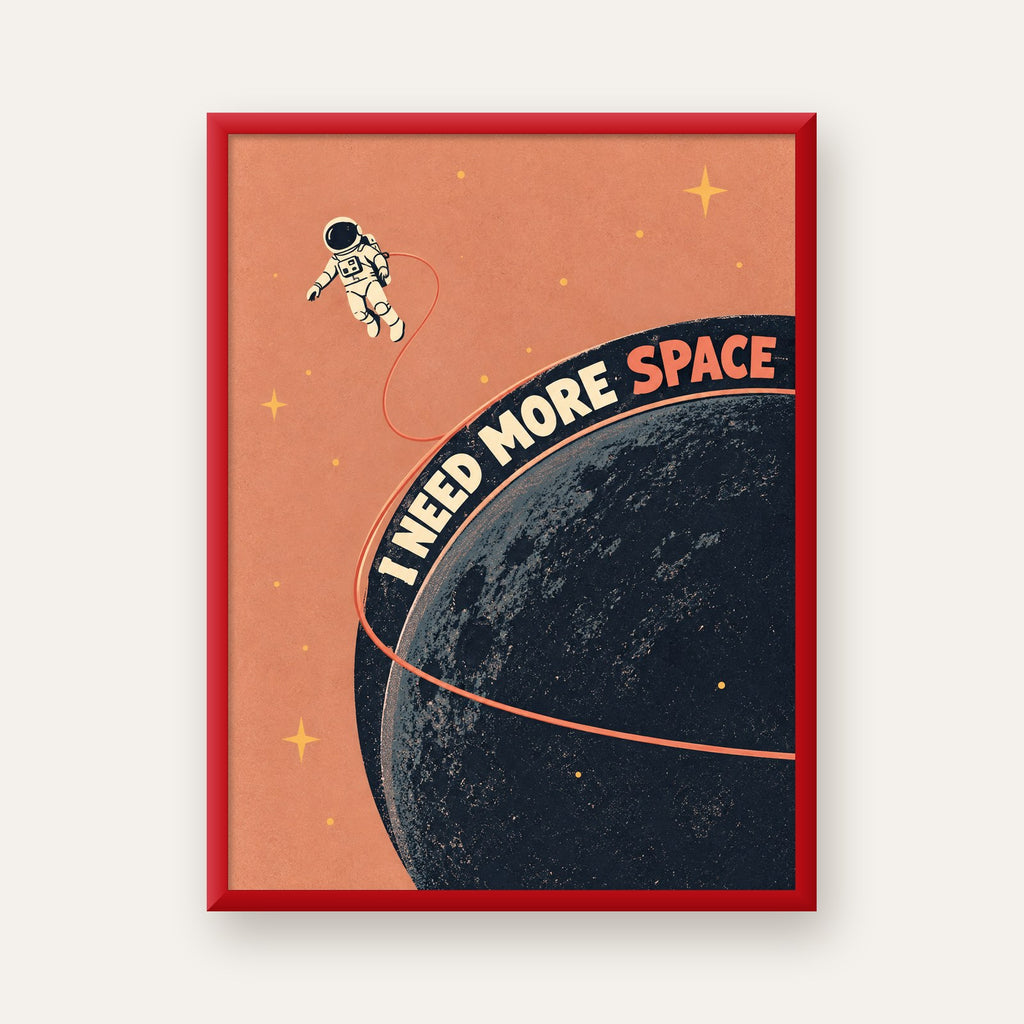 Retro Astronot Poster – Mizahi 'I NEED MORE SPACE' Tasarımı — kırmızı çerçeveli