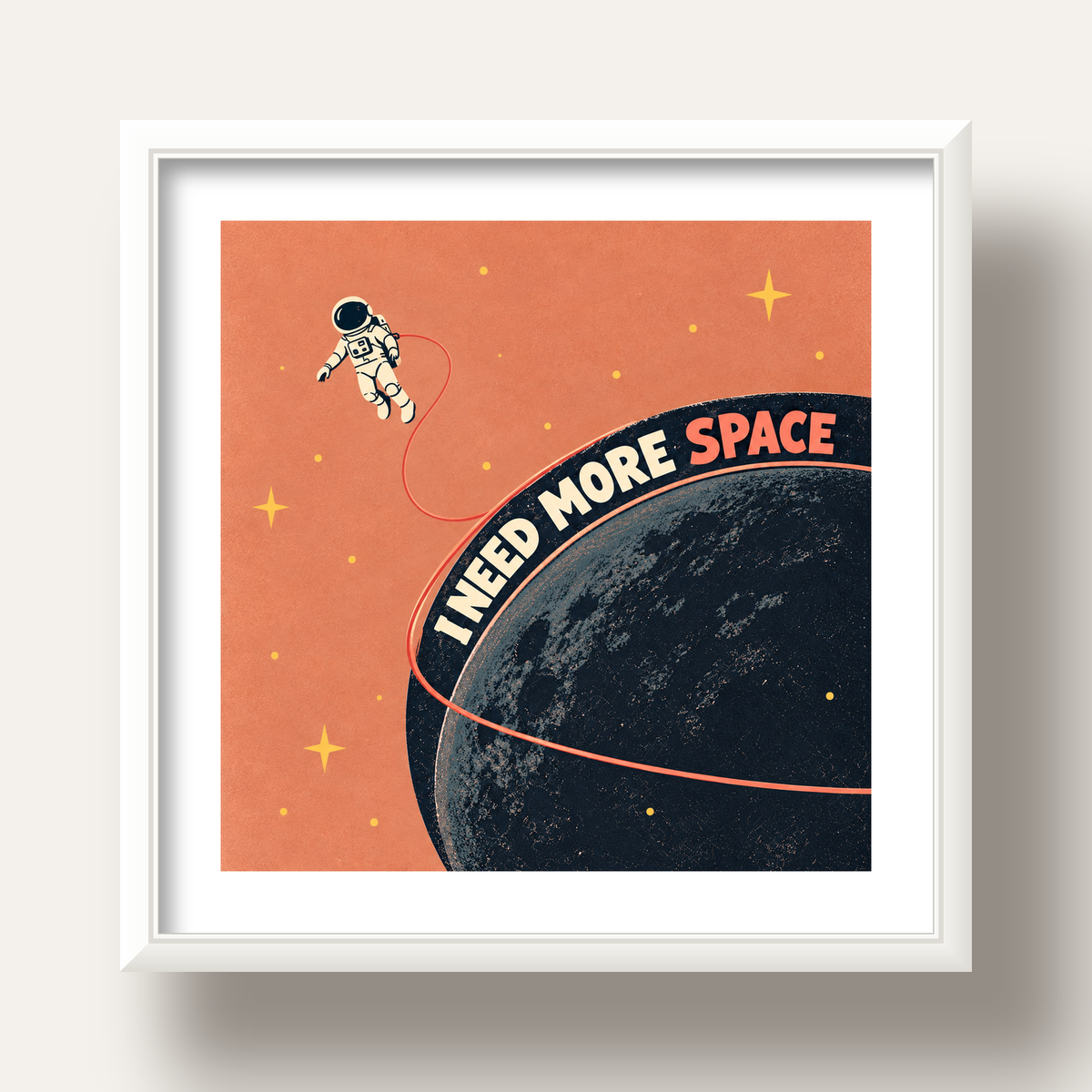 Retro Astronot Poster – Mizahi 'I NEED MORE SPACE' Tasarımı — beyaz derin çerçeveli paspartulu