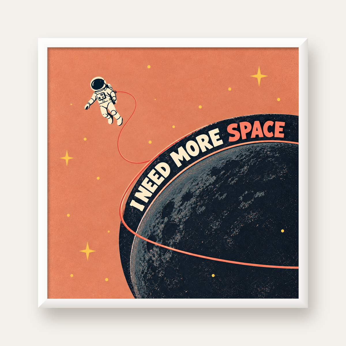 Retro Astronot Poster – Mizahi 'I NEED MORE SPACE' Tasarımı — beyaz çerçeveli kare poster