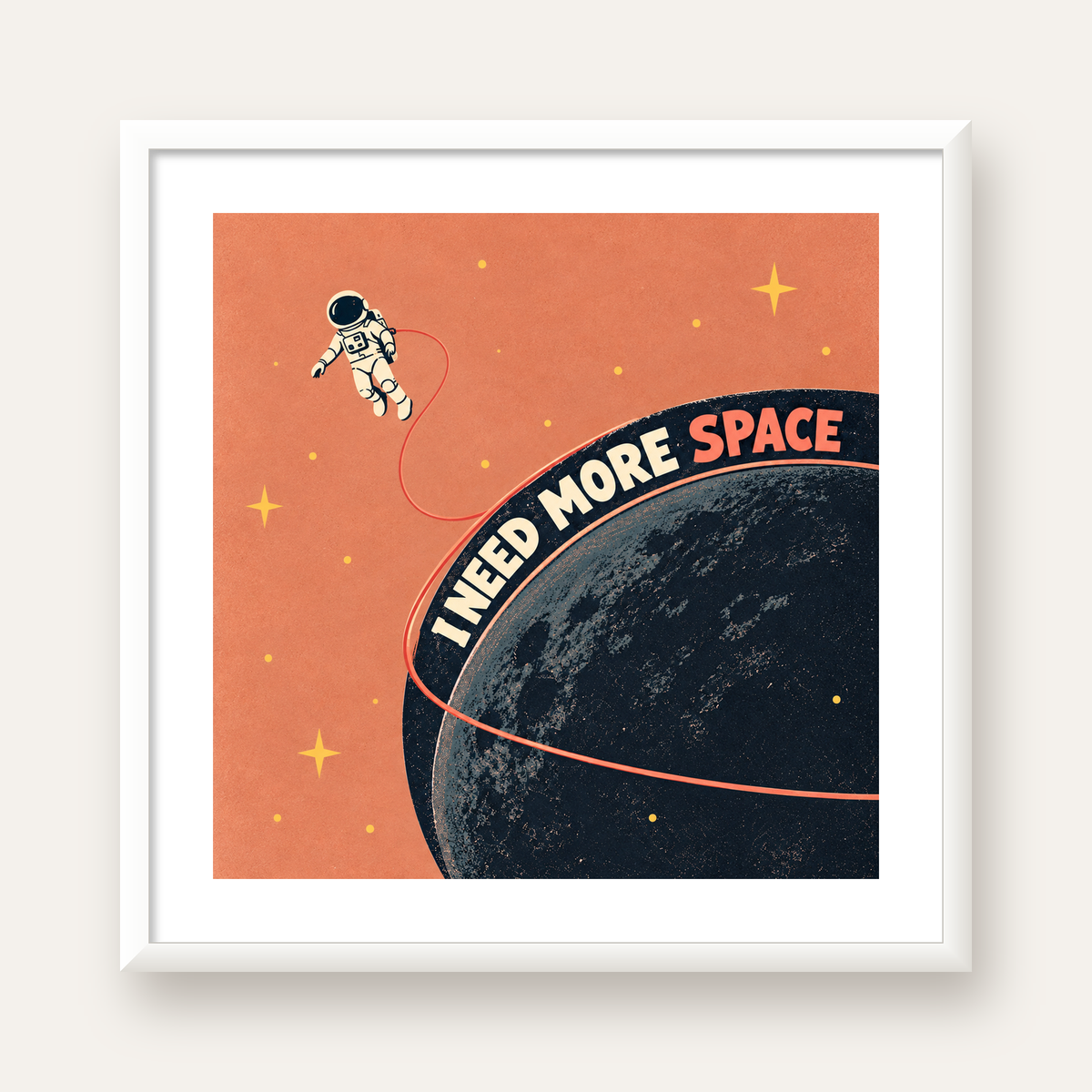 Retro Astronot Poster – Mizahi 'I NEED MORE SPACE' Tasarımı — beyaz çerçeveli kare poster