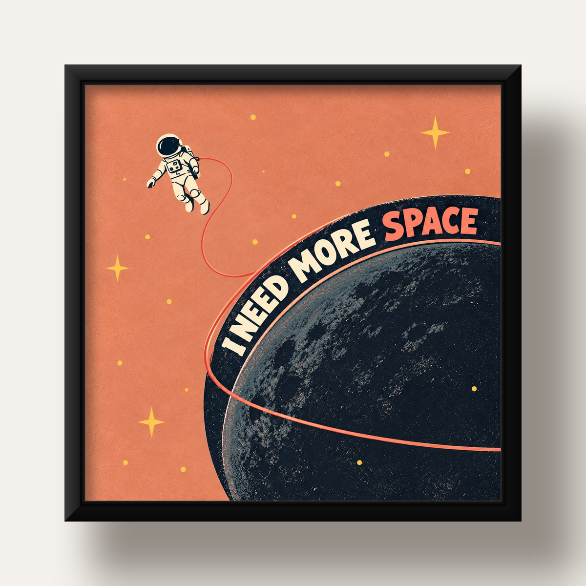 Retro Astronot Poster – Mizahi 'I NEED MORE SPACE' Tasarımı — siyah derin çerçeveli