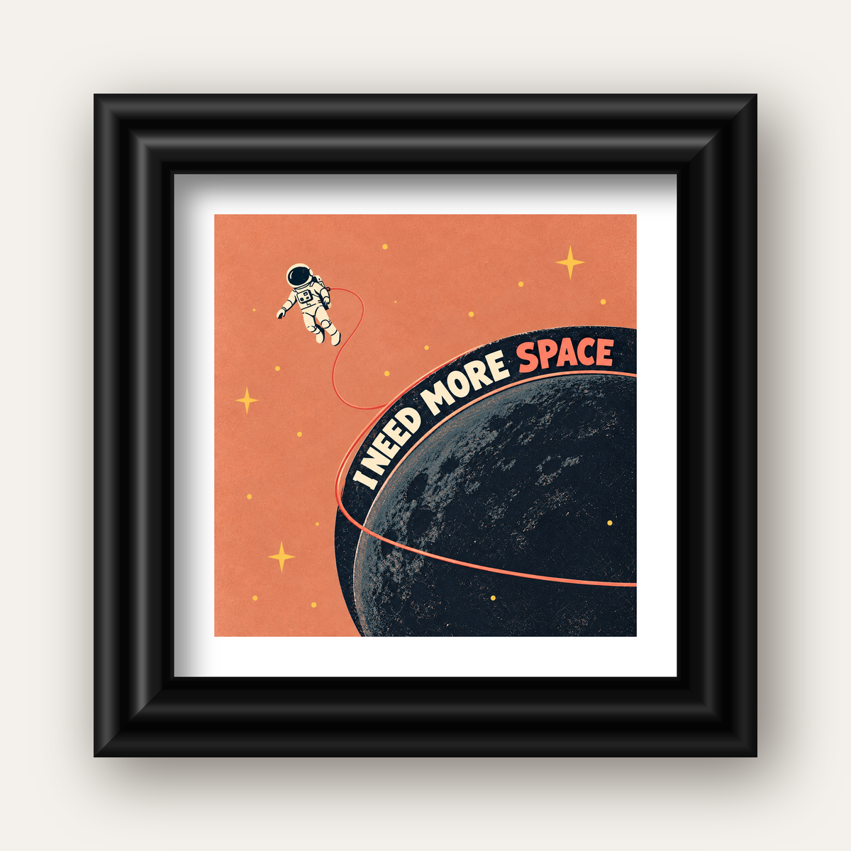 Retro Astronot Poster – Mizahi 'I NEED MORE SPACE' Tasarımı — siyah galeri çerçeveli paspartulu