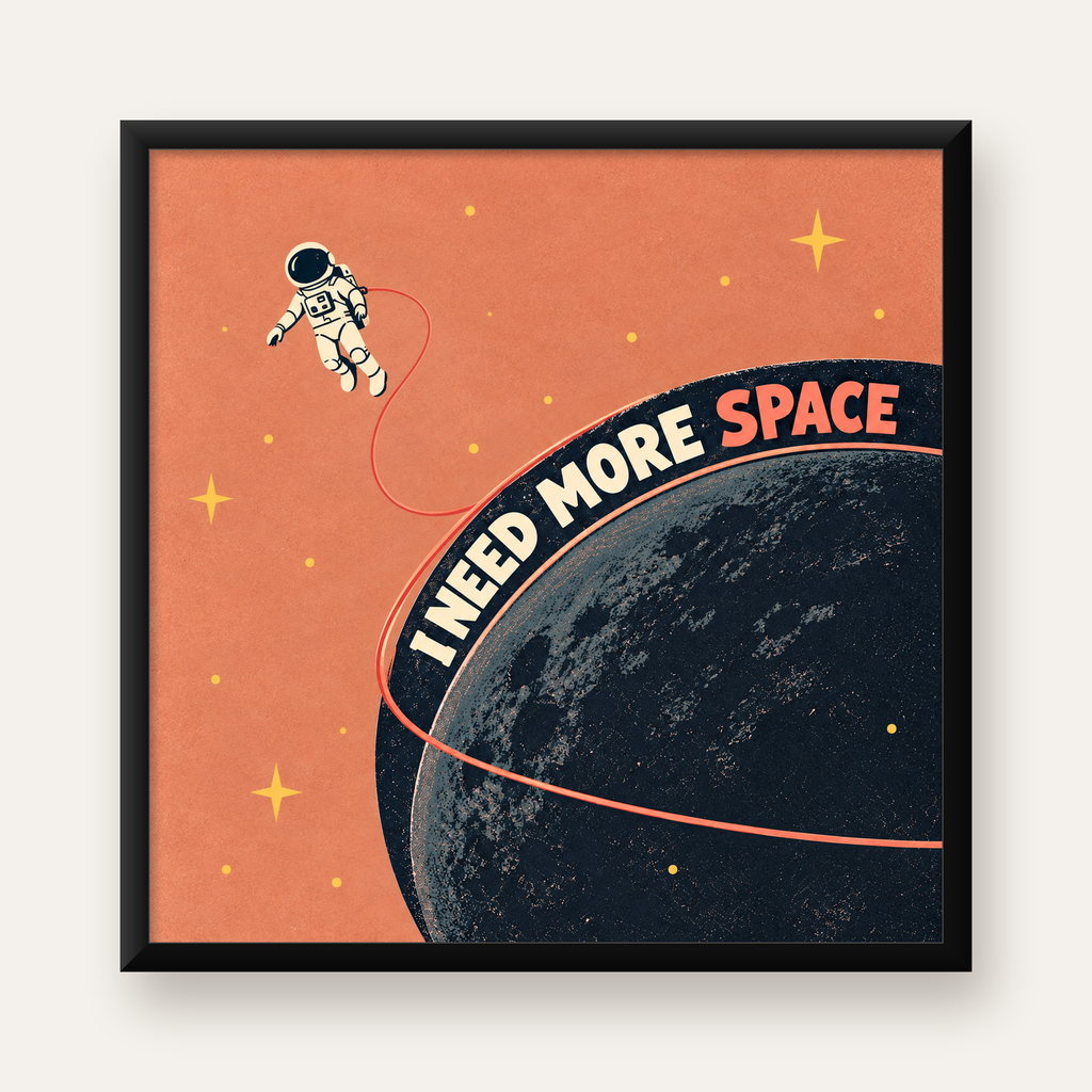 Retro Astronot Poster – Mizahi 'I NEED MORE SPACE' Tasarımı — Kare baskı, düz siyah çerçeveli duvar posteri