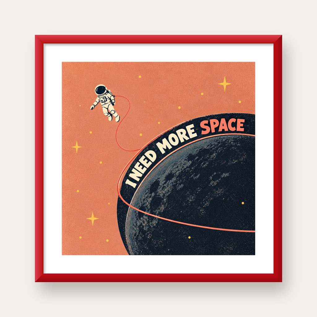Retro Astronot Poster – Mizahi 'I NEED MORE SPACE' Tasarımı — kırmızı çerçeveli paspartulu
