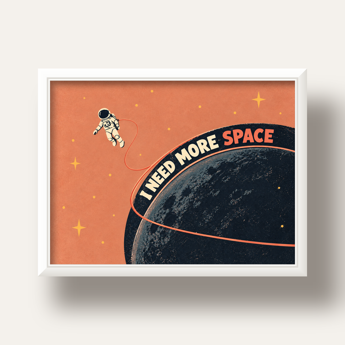 Retro Astronot Poster – Mizahi 'I NEED MORE SPACE' Tasarımı — beyaz derin çerçeveli