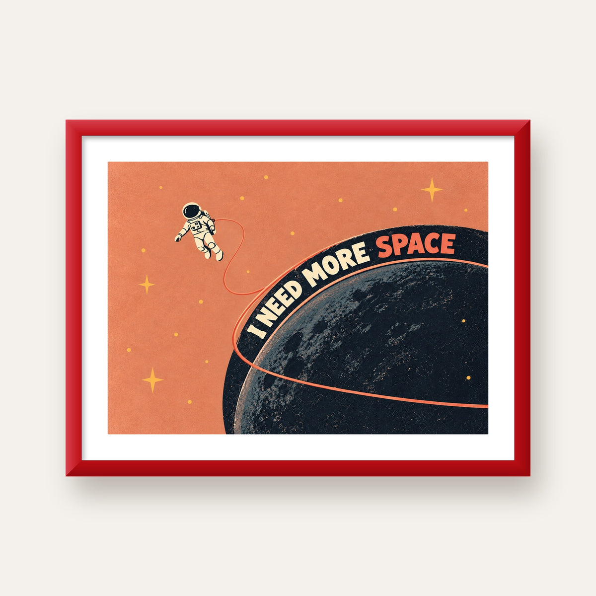 Retro Astronot Poster – Mizahi 'I NEED MORE SPACE' Tasarımı — kırmızı çerçeveli paspartulu