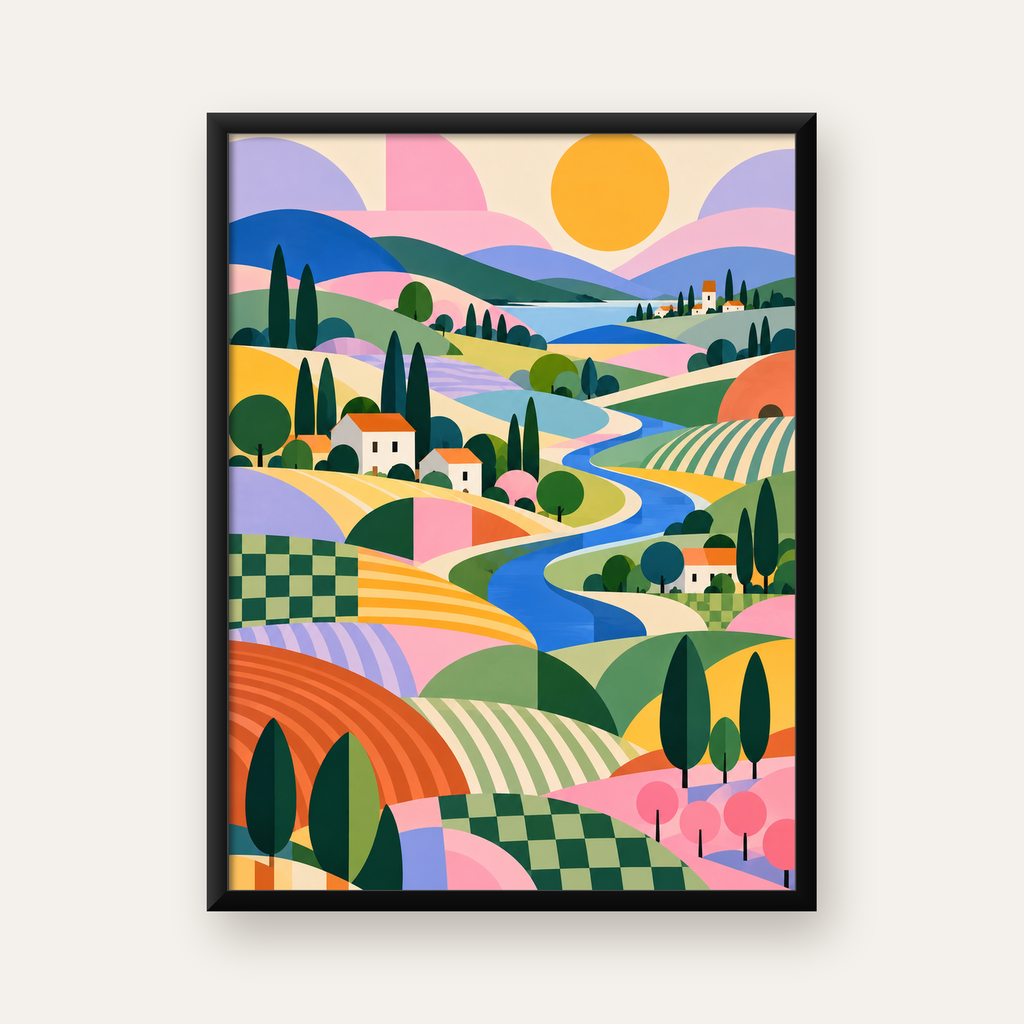 Soyut Pastoral Manzara – Modern Renkli Poster Tasarımı — Dikey baskı, düz siyah çerçeveli duvar posteri