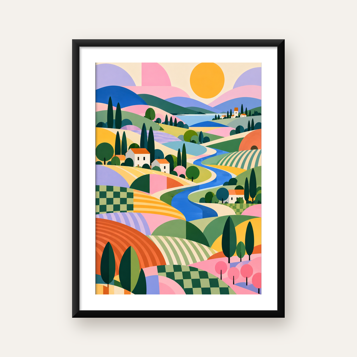 Soyut Pastoral Manzara – Modern Renkli Poster Tasarımı — Dikey baskı, beyaz kenar boşluklu