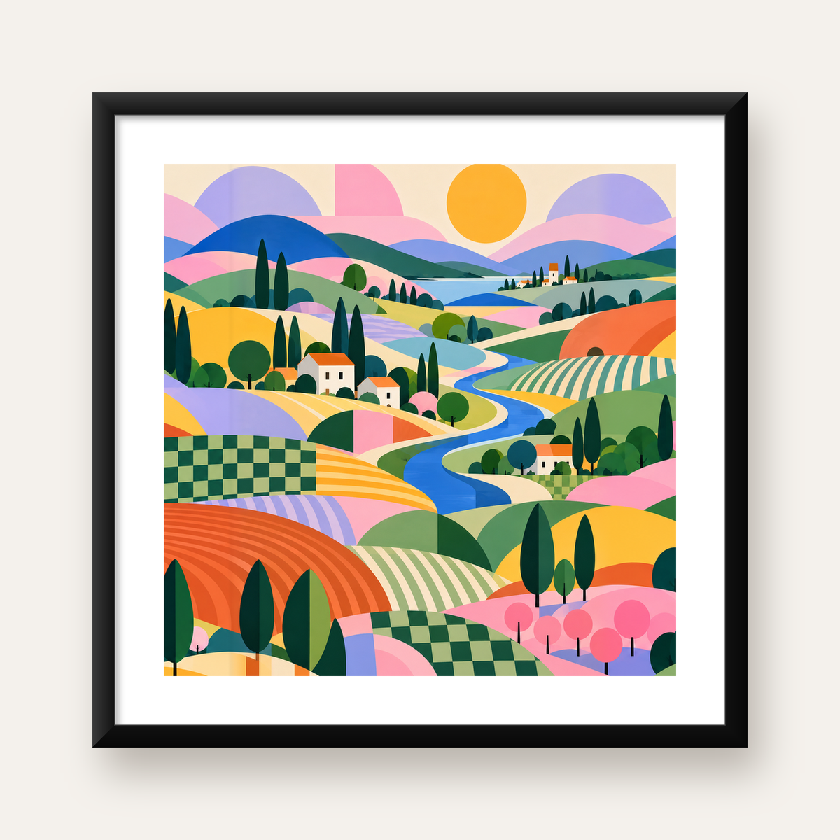 Soyut Pastoral Manzara – Modern Renkli Poster Tasarımı — Kare baskı, beyaz kenar boşluklu