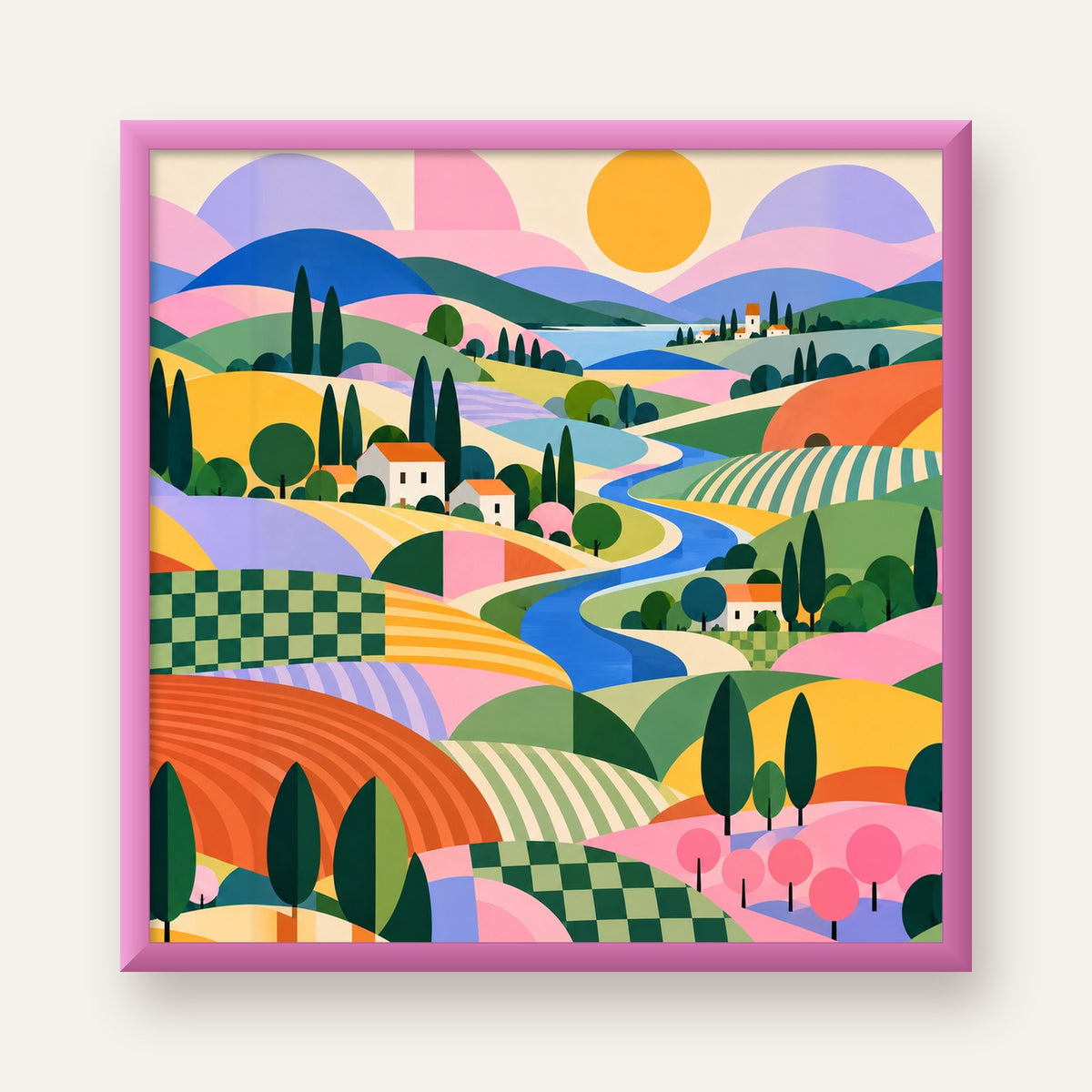 Nehir ve Renkli Tarlalar — pembe çerçeveli