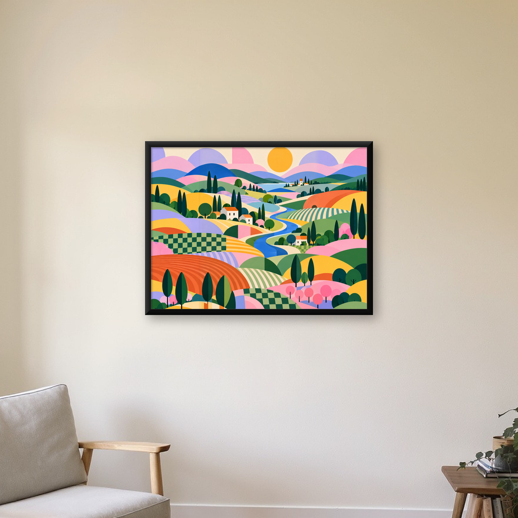 Soyut Pastoral Manzara – Modern Renkli Poster Tasarımı — Yatay baskı, çerçeveli hâliyle bir ev duvarında