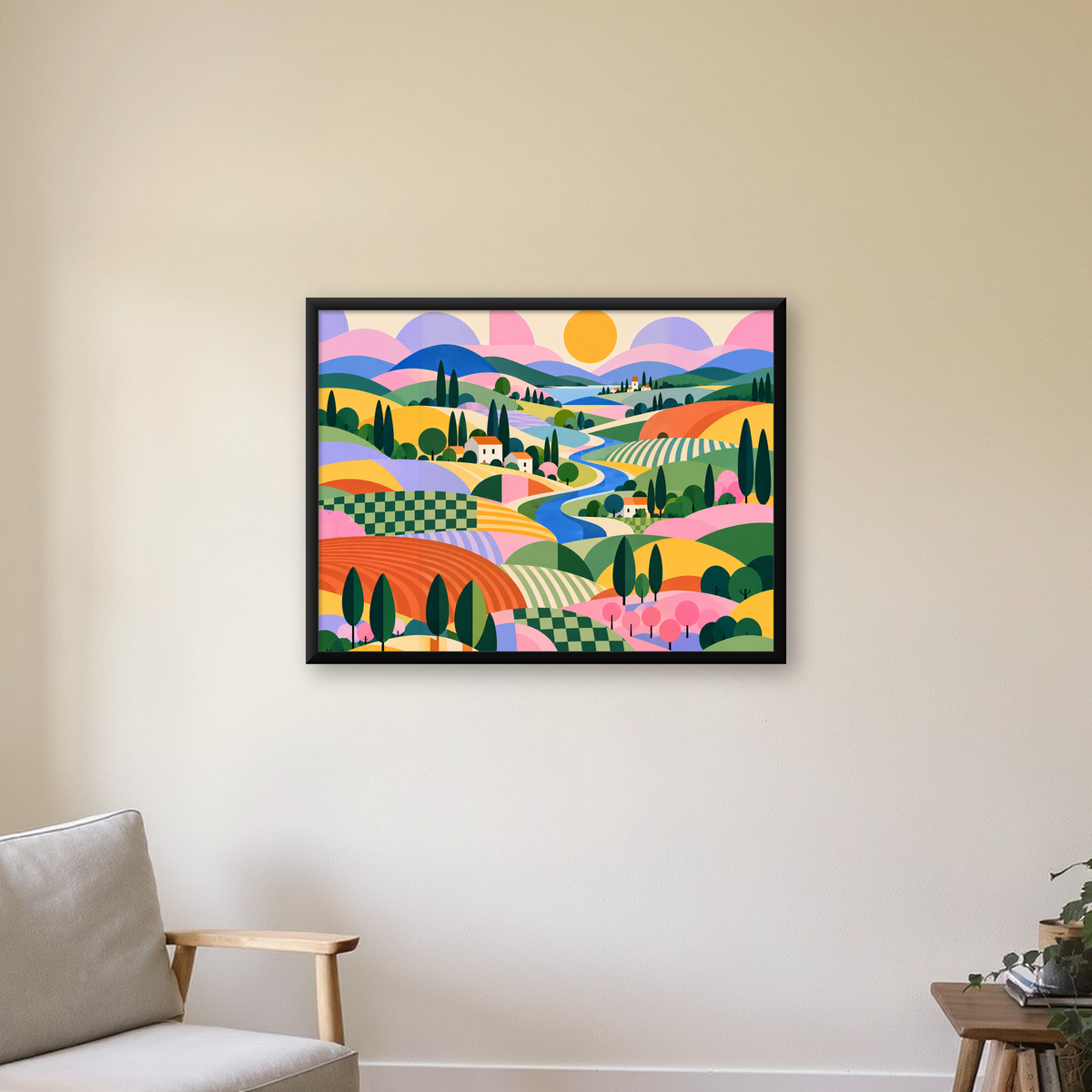 Soyut Pastoral Manzara – Modern Renkli Poster Tasarımı — Yatay baskı, çerçeveli hâliyle bir ev duvarında