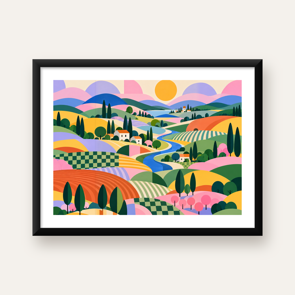 Soyut Pastoral Manzara – Modern Renkli Poster Tasarımı — Yatay baskı, beyaz kenar boşluklu