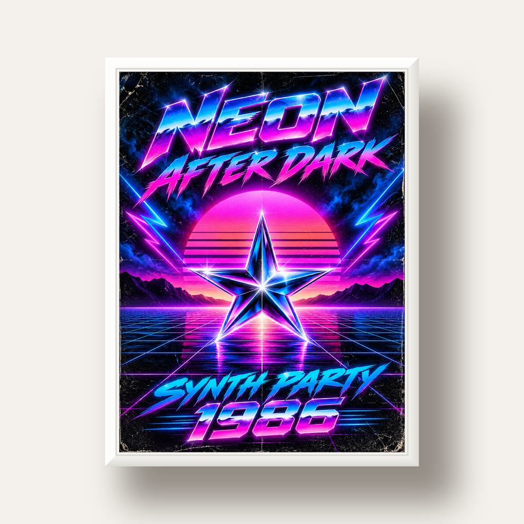 Retro Neon Synthwave Poster – 80'ler Stil Dijital Baskı — beyaz derin çerçeveli
