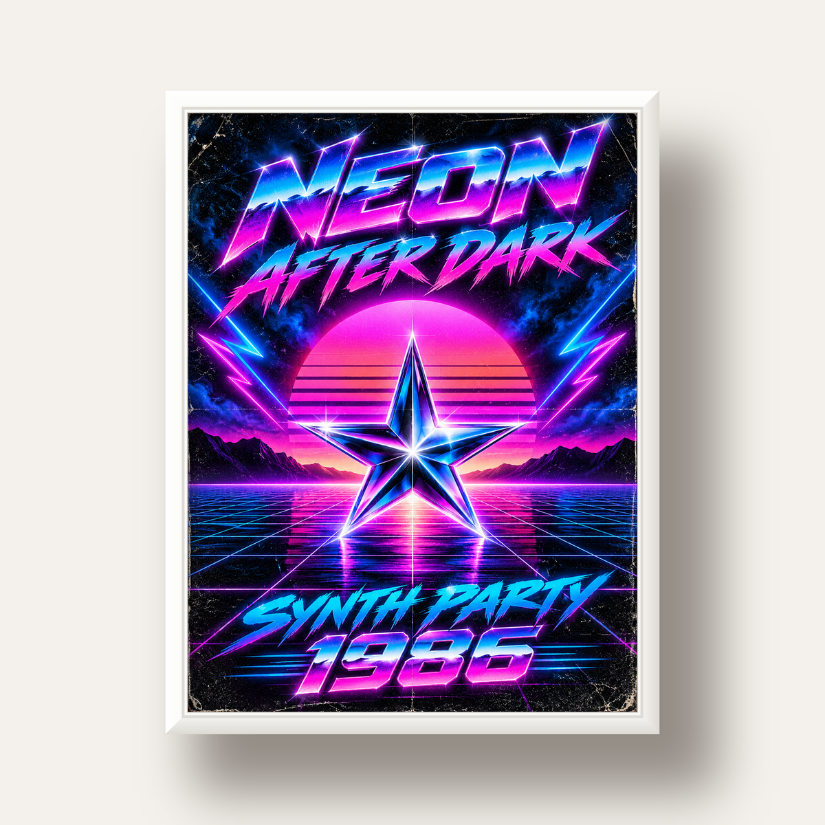 Retro Neon Synthwave Poster – 80'ler Stil Dijital Baskı — beyaz derin çerçeveli