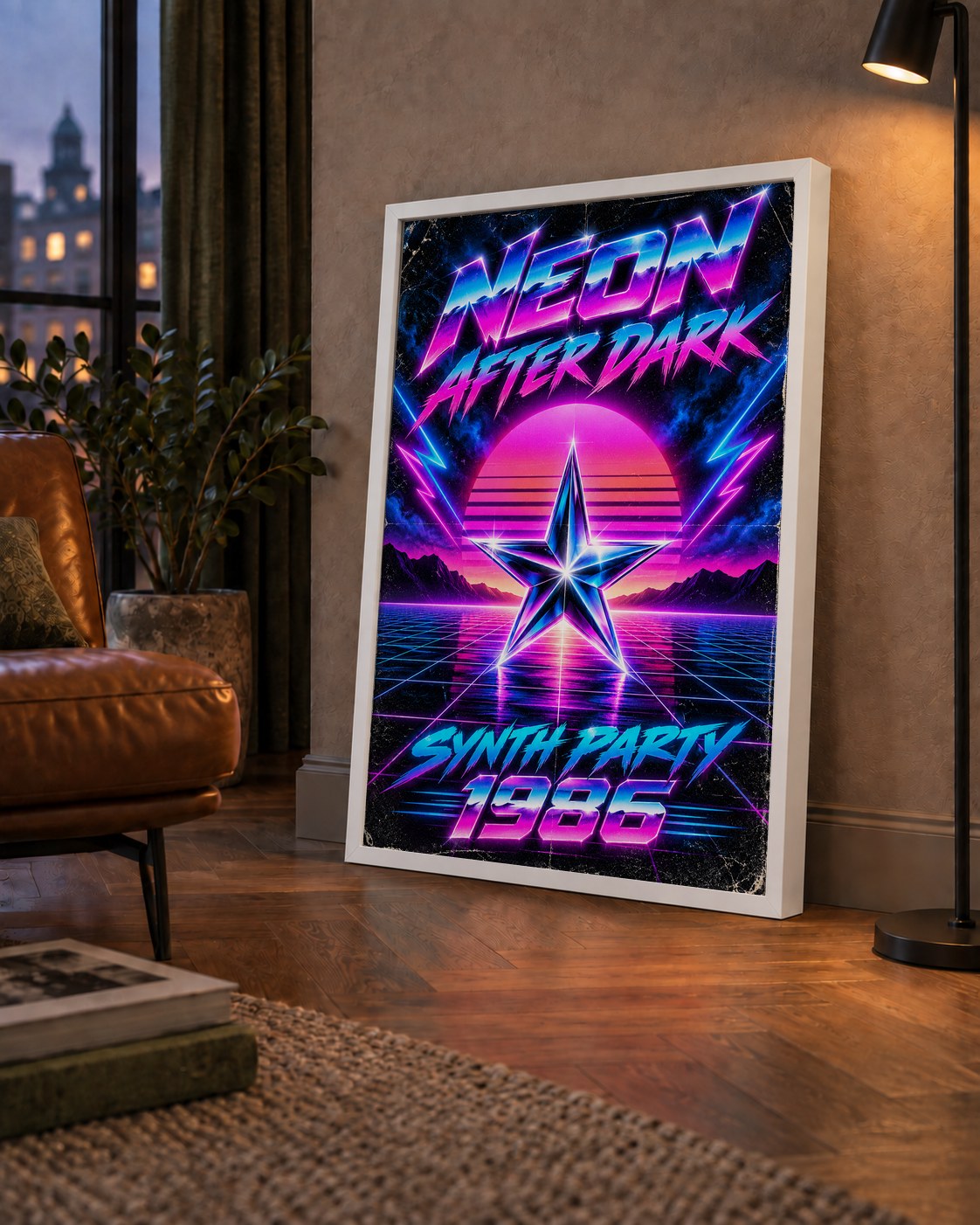 Retro Neon Synthwave Poster – 80'ler Stil Dijital Baskı — çerçeveli hâliyle bir ev duvarında
