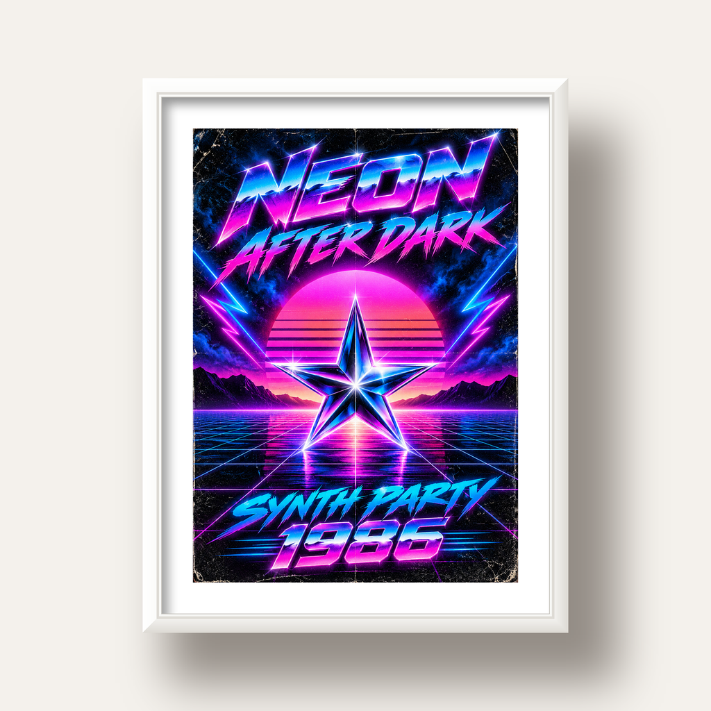 Retro Neon Synthwave Poster – 80'ler Stil Dijital Baskı — beyaz derin çerçeveli paspartulu